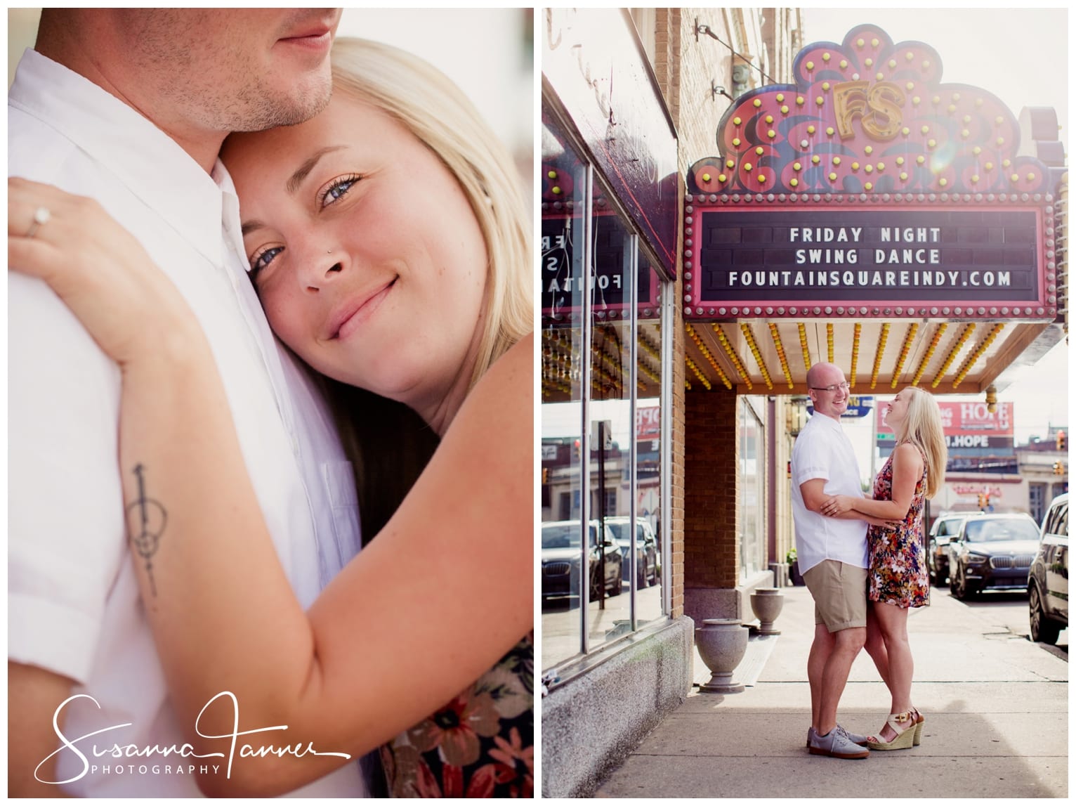 Fountain Square Indianapolis Photography Engagement Session Couple standing in front of theatre marque