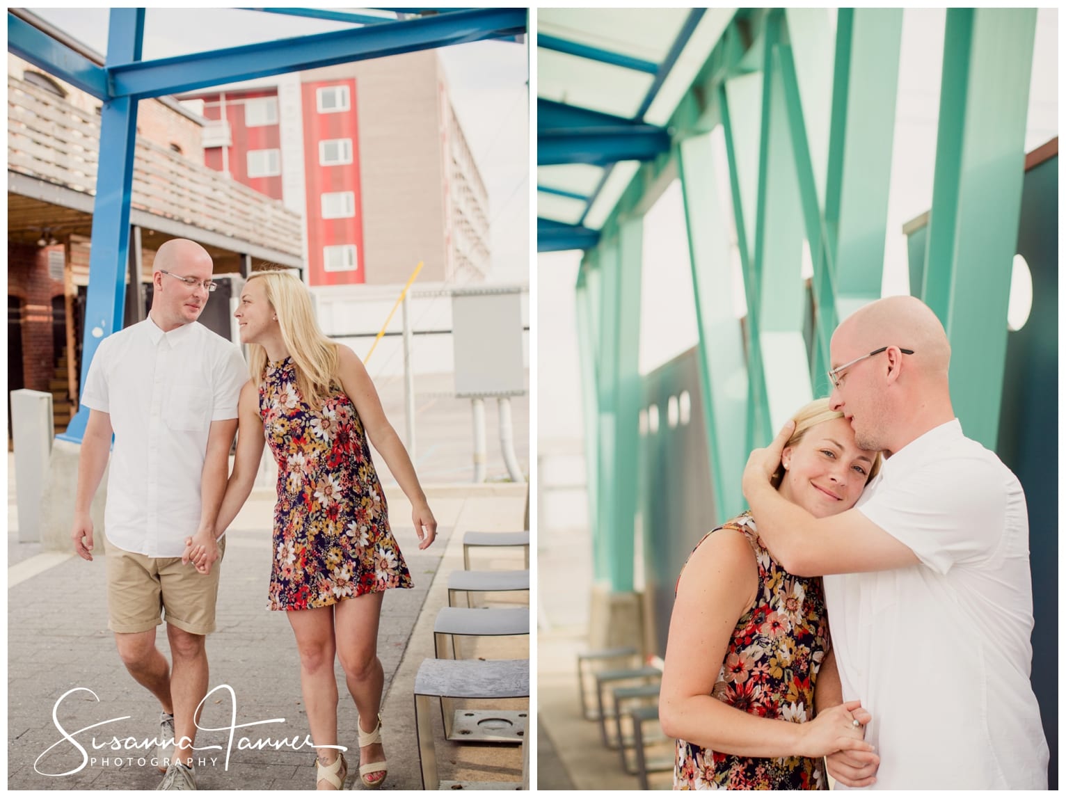 Fountain Square Indianapolis Photography Engagement Session couple walking down street