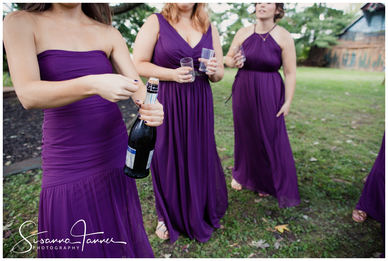 Indianapolis Outdoor Wedding, bridesmaids toast opening champagne bottle
