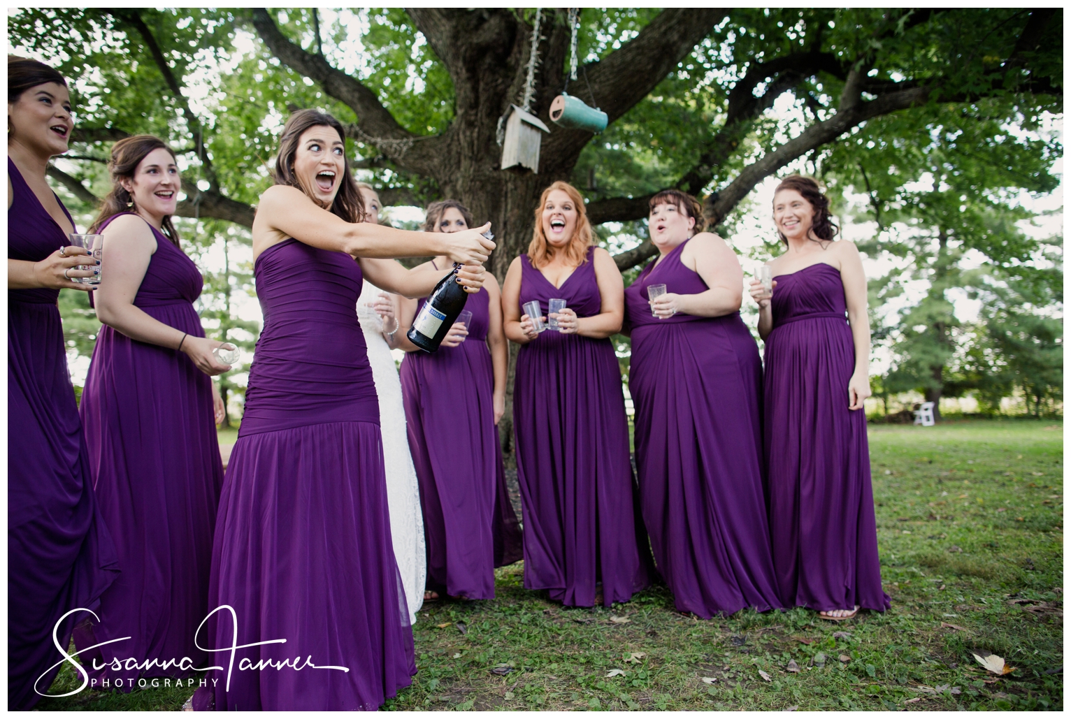 Indianapolis Outdoor Wedding, bridesmaids wearing purple dresses pooping champagne bottle