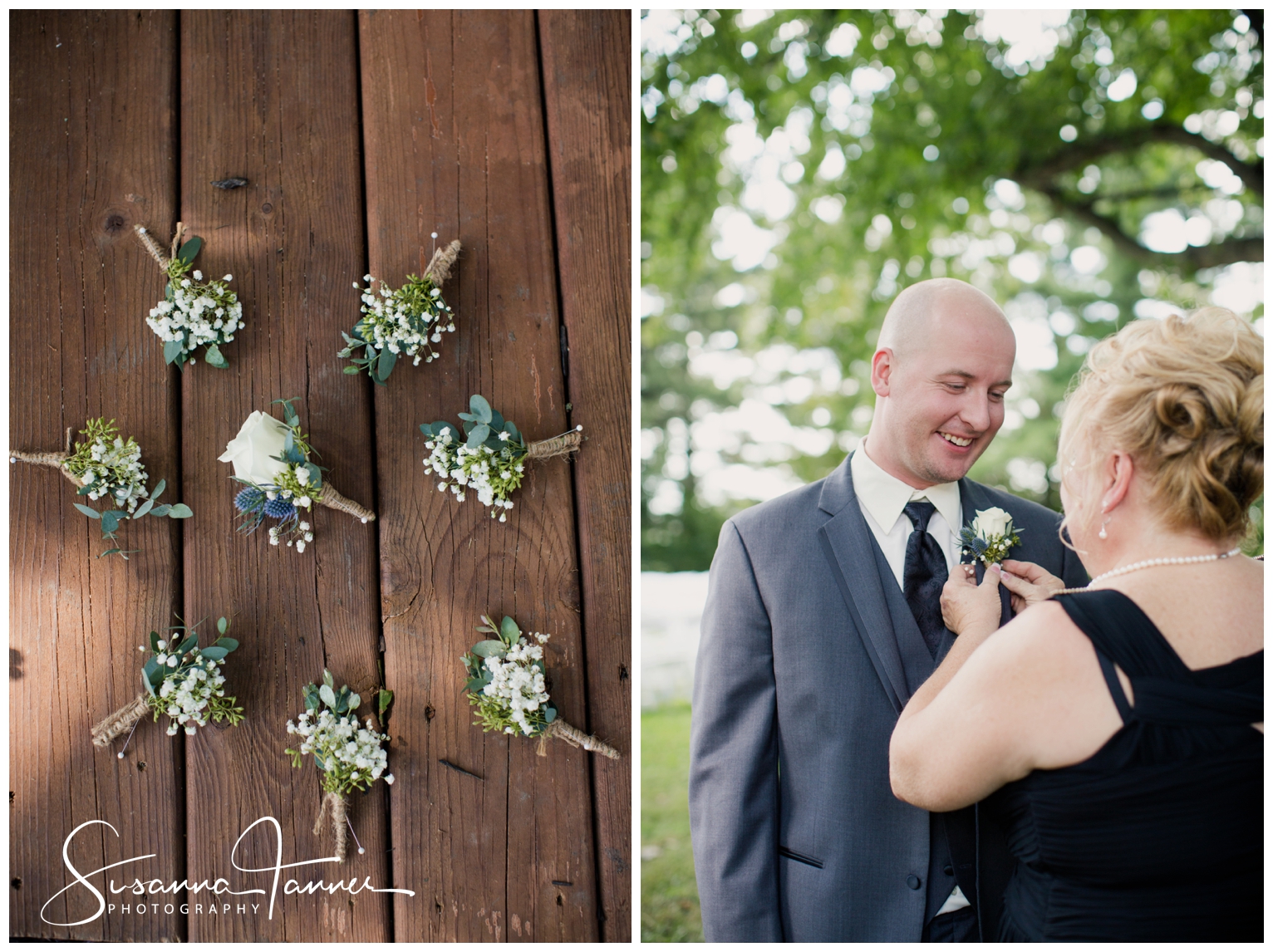 Indianapolis Outdoor Wedding, close up of all boutonnieres, mother pinning on groom's boutonniere