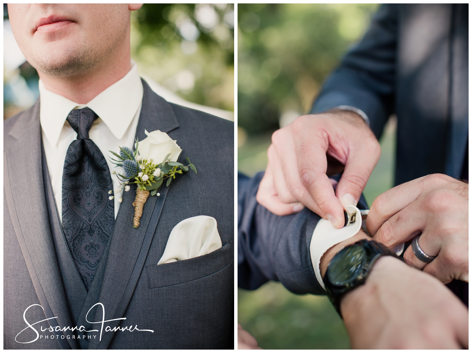 Indianapolis Outdoor Wedding, groomsman buttoning cuff links on groom, close up of groom's boutonniere