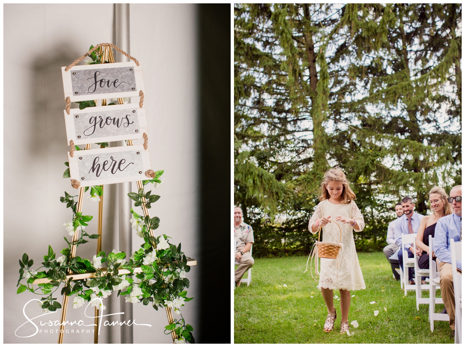 Indianapolis Outdoor Wedding, "Love Grows Here" sign, flower girl walking down aisle