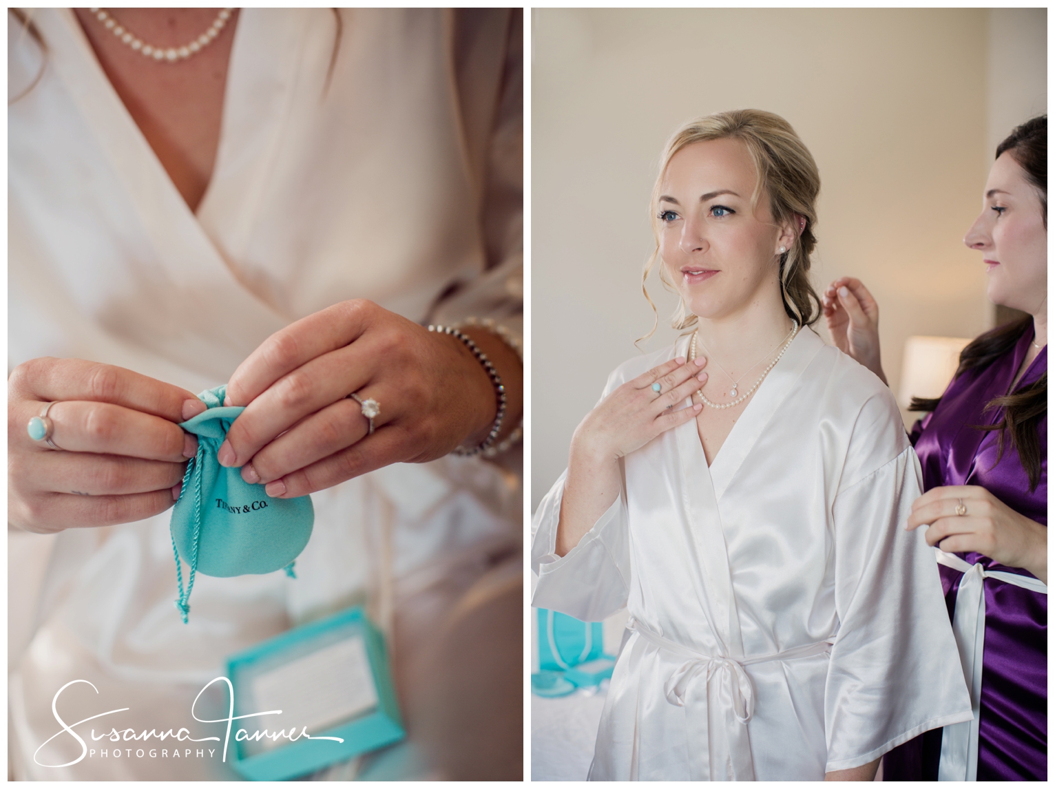 Indianapolis Outdoor Wedding, bride opening blue Tiffany's bag and then putting on necklace as gift from groom