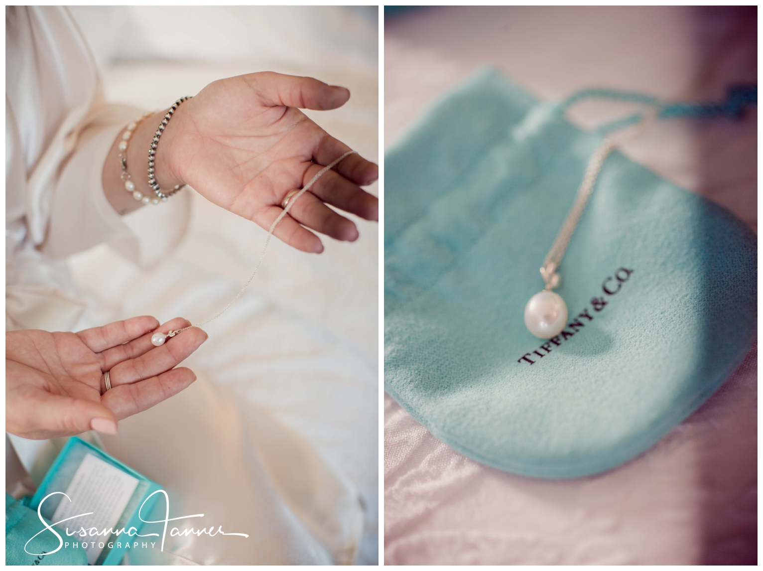 Indianapolis Outdoor Wedding, bride holding pearl necklace from groom