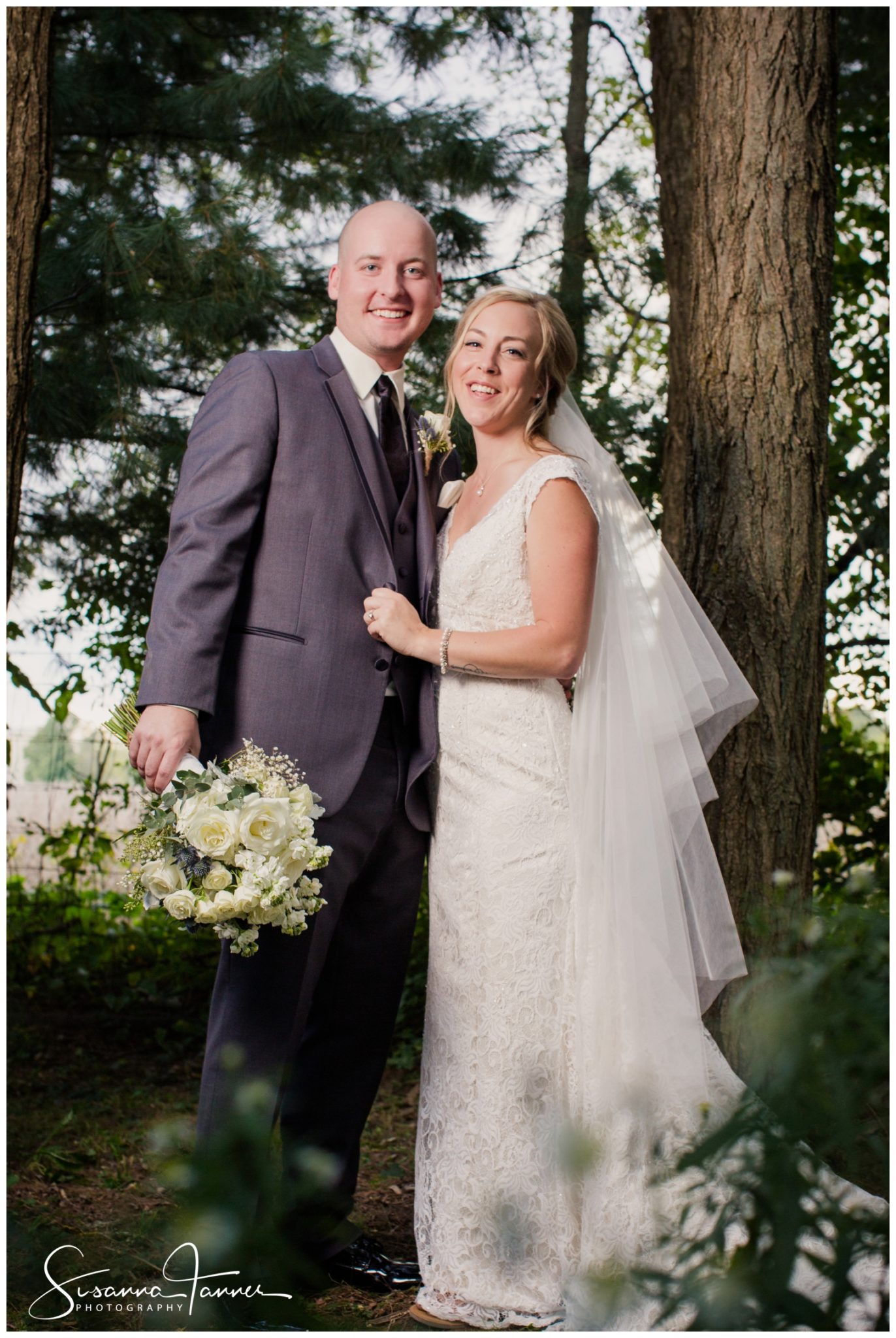 Indianapolis Outdoor Wedding, bride and groom portrait surrounded by pine trees