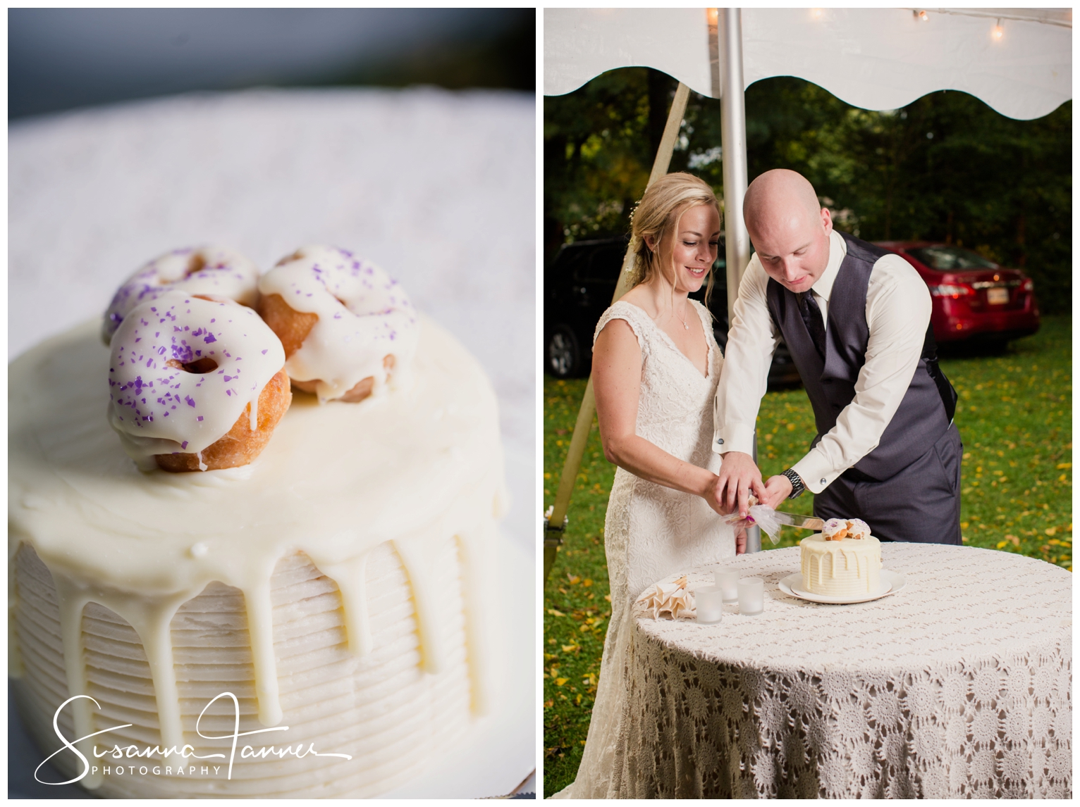 Indianapolis Outdoor Wedding, close up of wedding cake and bride and groom cutting cake