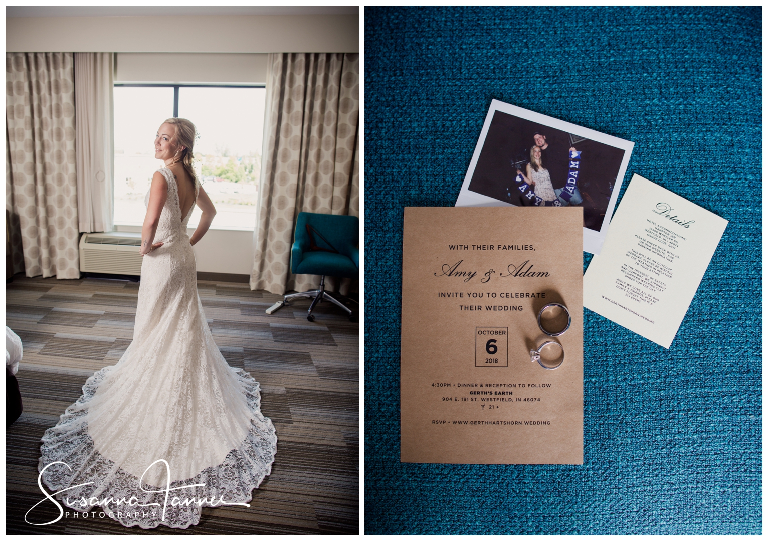 Indianapolis Outdoor Wedding, view of back of wedding dress, close up of invitation set