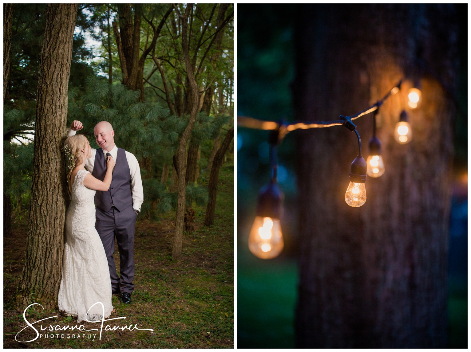 Indianapolis Outdoor Wedding, bride and groom leaning against pine tree, globe outdoor string lights