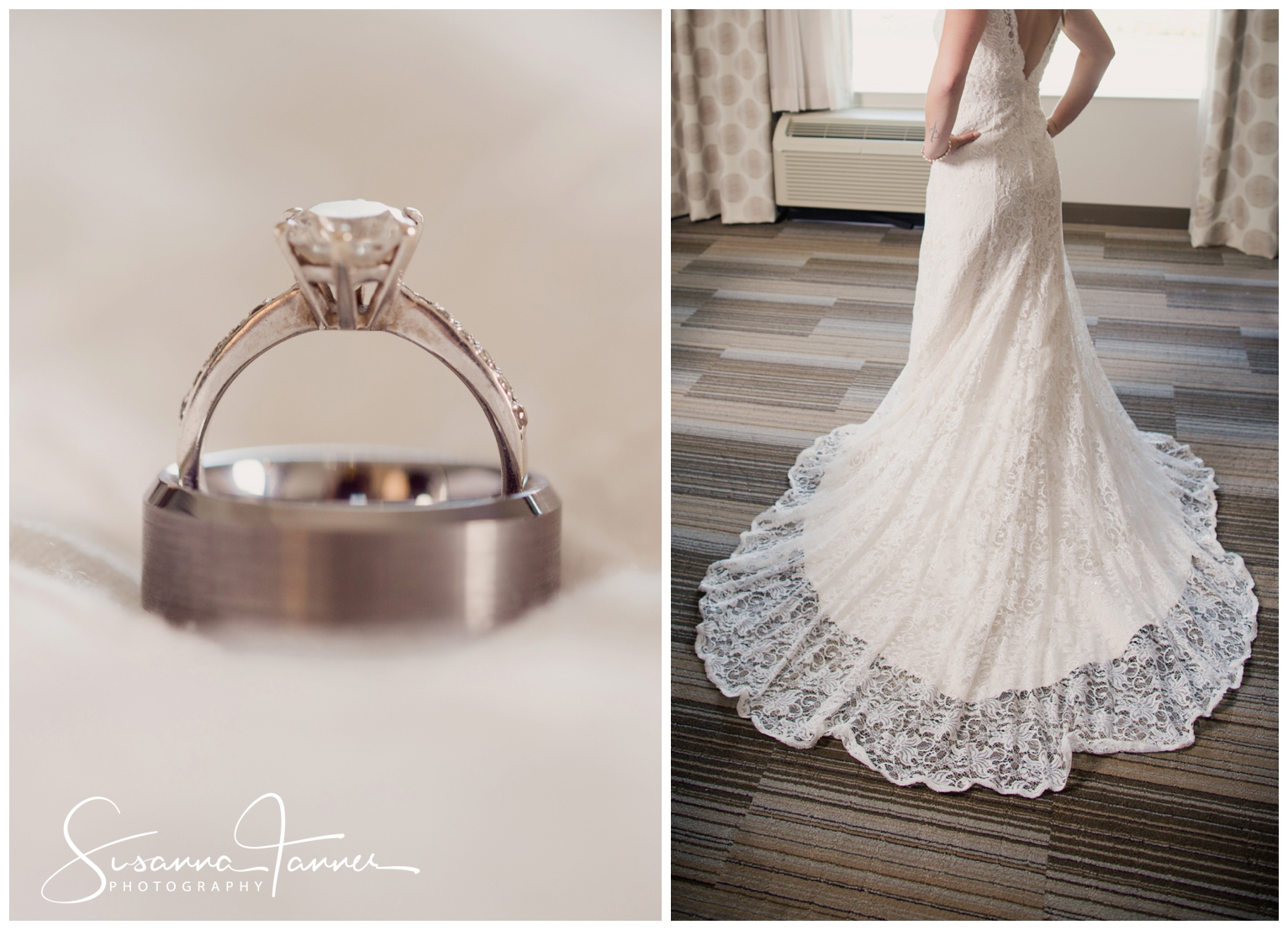 Indianapolis Outdoor Wedding, close up of wedding rings and wedding dress train