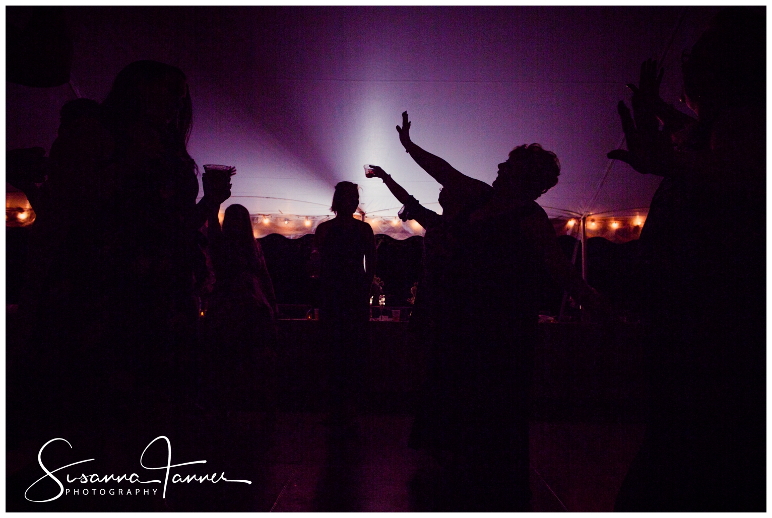 Indianapolis Outdoor Wedding, silhouette of reception dancing in purple light