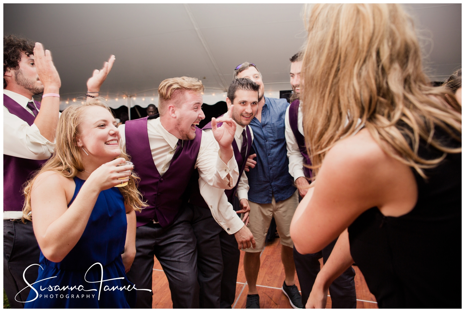 Indianapolis Outdoor Wedding, wedding guests smiling and having fun on dance floor