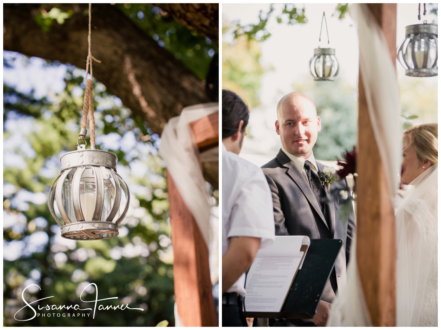 Indianapolis Outdoor Wedding, close up of lanterns hanging from trees at ceremony site and groom looking at officiator
