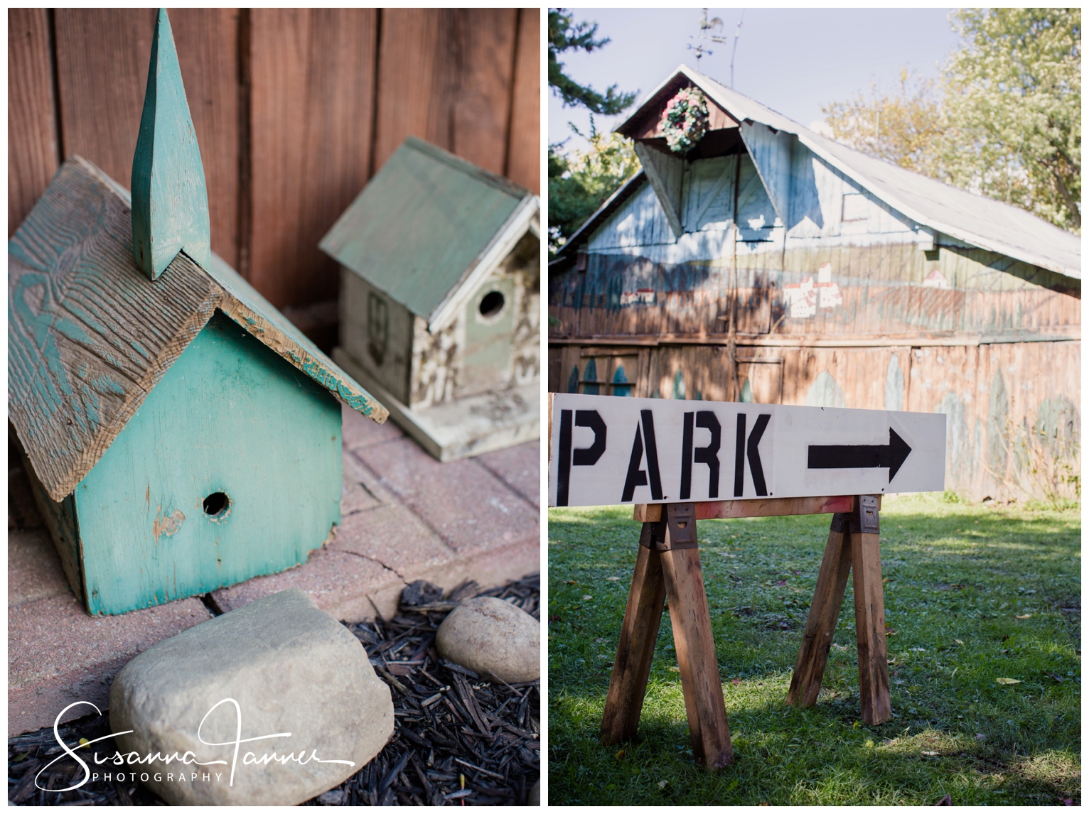 Indianapolis Outdoor Wedding, Turquoise color bird house, parking sign in front of barn