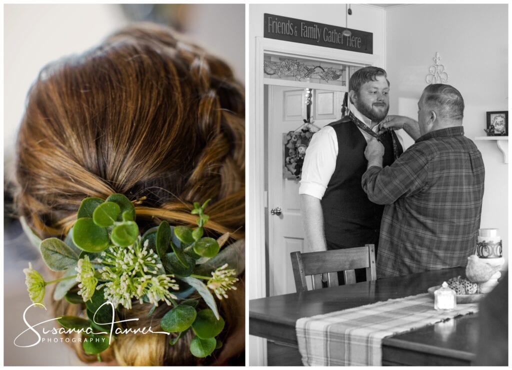 Cope Environmental Center wedding, Richmond, Indiana wedding, bridal hair piece, groom having his tie tied