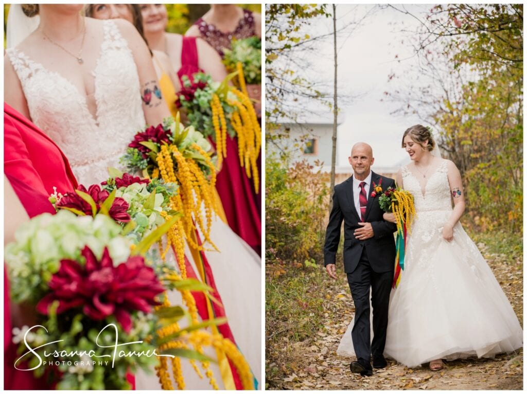 Cope Environmental Center wedding, Richmond, Indiana wedding, bride being walked down leafy aisle