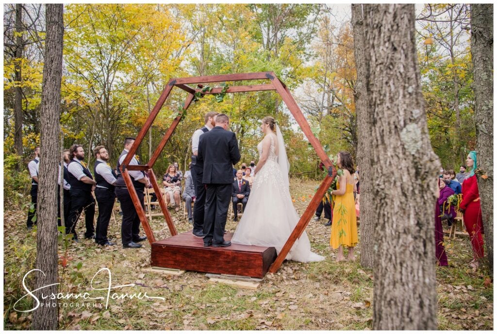 Cope Environmental Center wedding, Richmond, Indiana wedding, wide view of ceremony in woods
