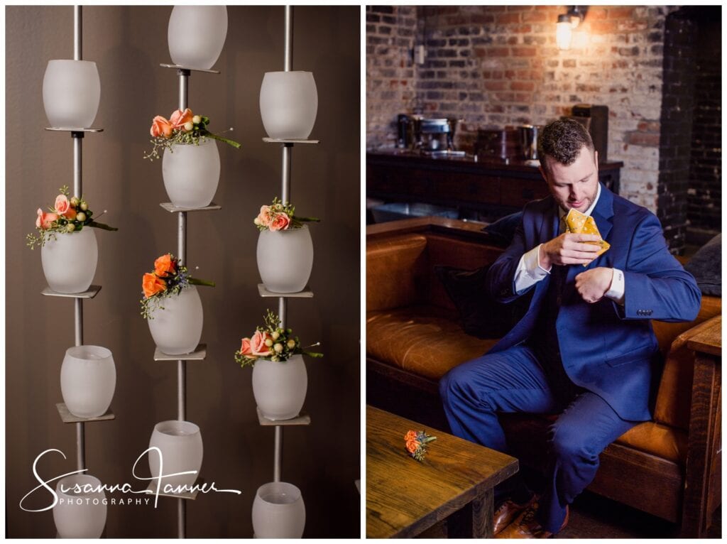 The Transept, Cincinnati Ohio wedding, left photo is detail shot of boutonnieres placed on a wall hanging, right photo is of groom placing handkerchief in pocket. 