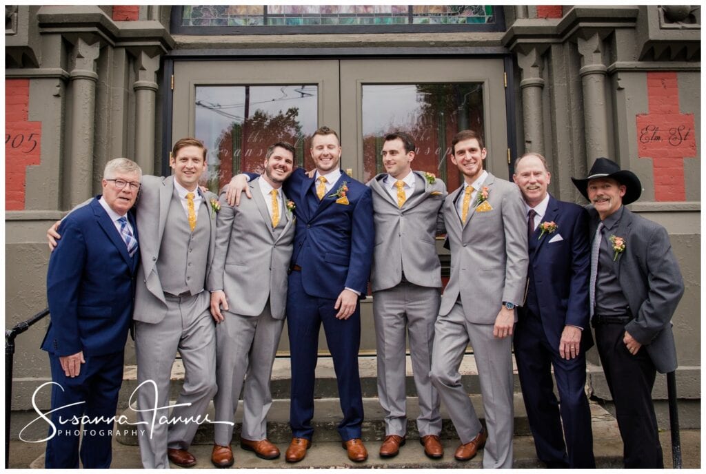 The Transept, Taft Museum of Art Cincinnati Ohio wedding, groom with groomsmen and fathers in front of The Transept. 