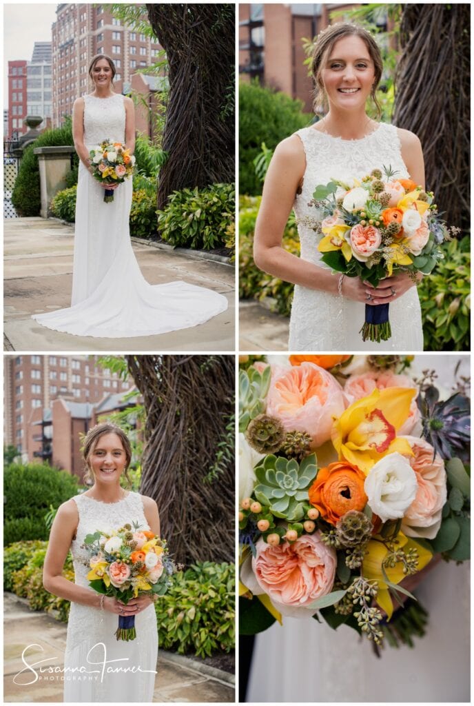 Taft Museum of Art, Cincinnati Ohio wedding, four poses of bride holding her bouquet in colors of coral, yellow, white and green.