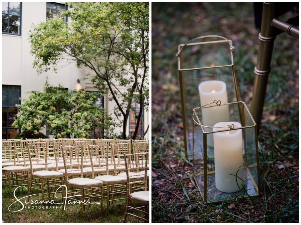 Taft Museum of Art, Cincinnati Ohio wedding, detail shots of ceremony decorations, candles in vases by chair legs. 