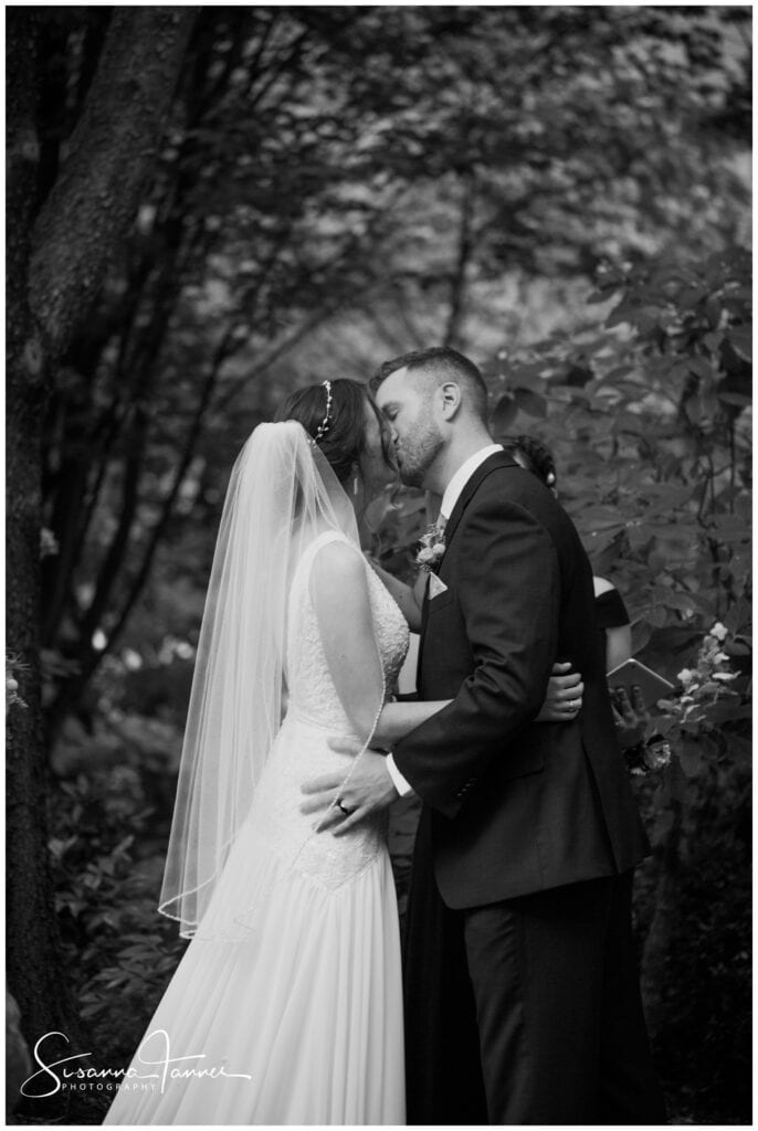 Taft Museum of Art, Cincinnati Ohio wedding, black and white image of bride and groom kissing after being pronounced. 