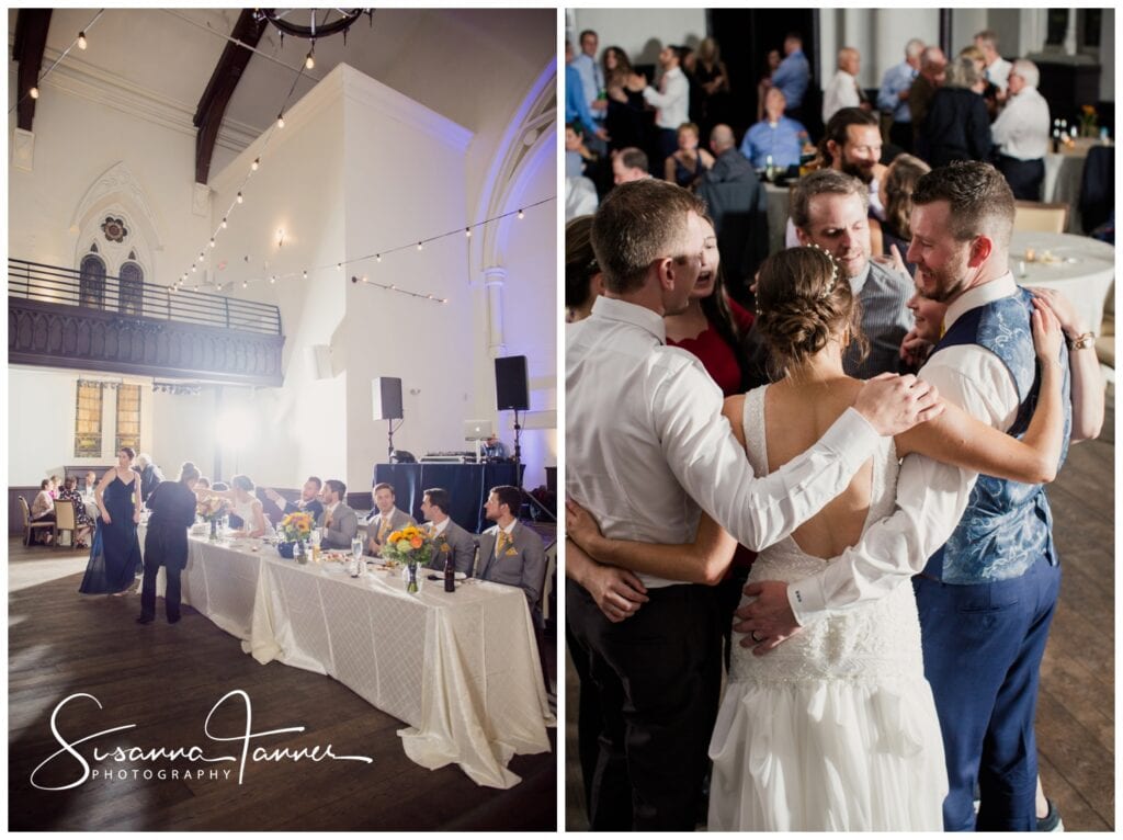 The Transept, Cincinnati Ohio wedding, wedding reception celebration of eating at bridal table and dancing.