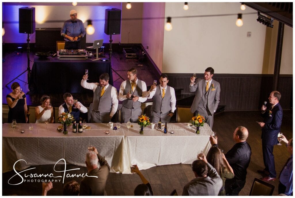 The Transept, Over-the-Rhine, Cincinnati Ohio wedding, best man toast with glasses raised
