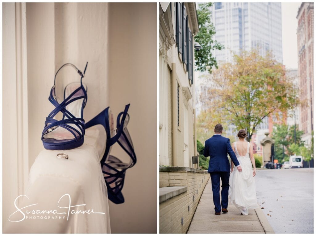 The Transept, Taft Museum of Art Cincinnati Ohio Wedding, left image detail shot of navy shoes, wedding rings and bridal veil. Right image couple walking away from camera down sidewalk. Groom holding up brides dress as they walk. 