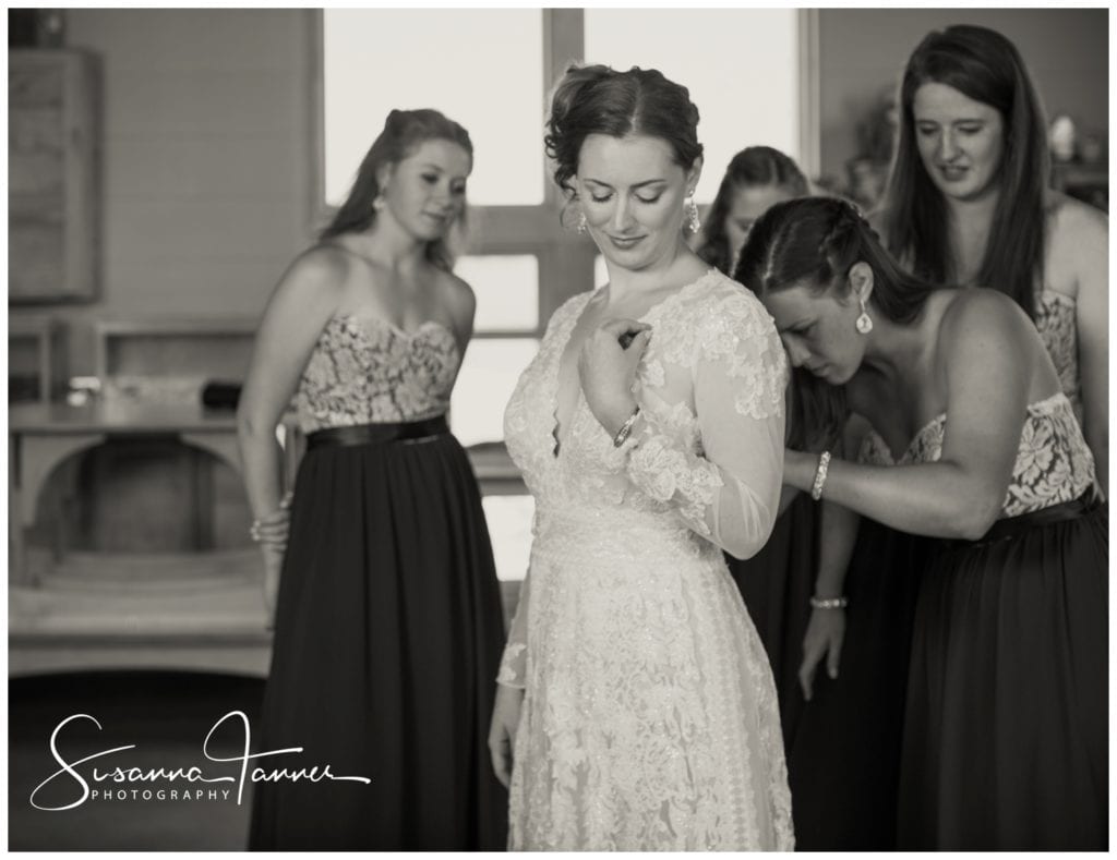 Cope Environmental Wedding Photography, Richmond Indiana, bridesmaids assisting bride in getting ready