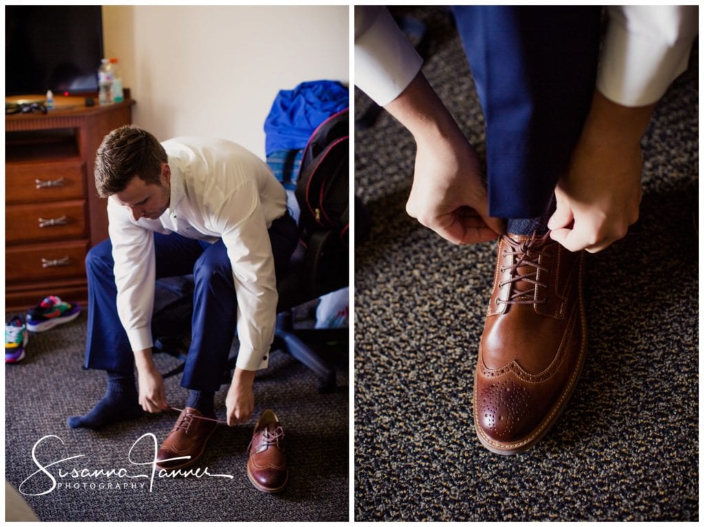 Cope Environmental Wedding Photography, Richmond Indiana, groom tying his shoes, close up of shoe