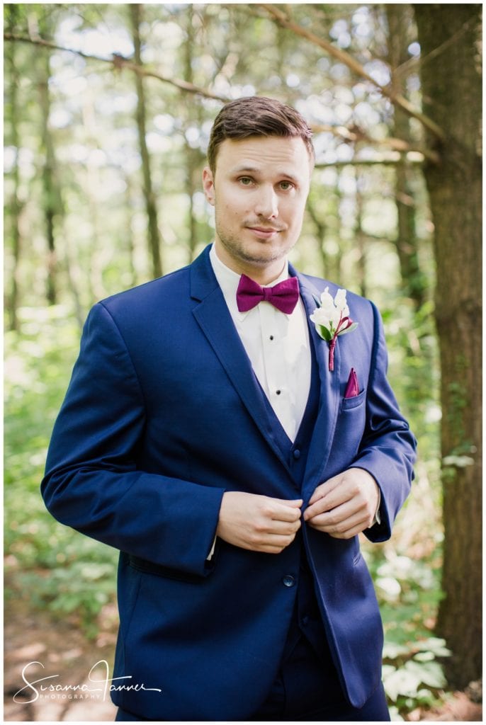 Cope Environmental Wedding Photography, Richmond Indiana, groom in woods waiting to see bride for first time