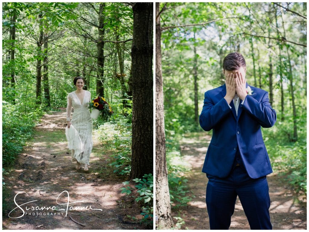 Cope Environmental Wedding Photography, Richmond Indiana, first look as bride walks up path to groom, while groom's hands cover his eyes