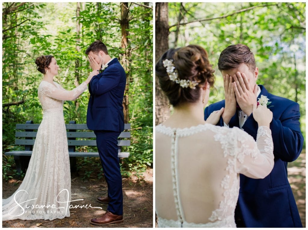 Cope Environmental Wedding Photography, Richmond Indiana, bride reaches out to remove grooms hands from his eyes