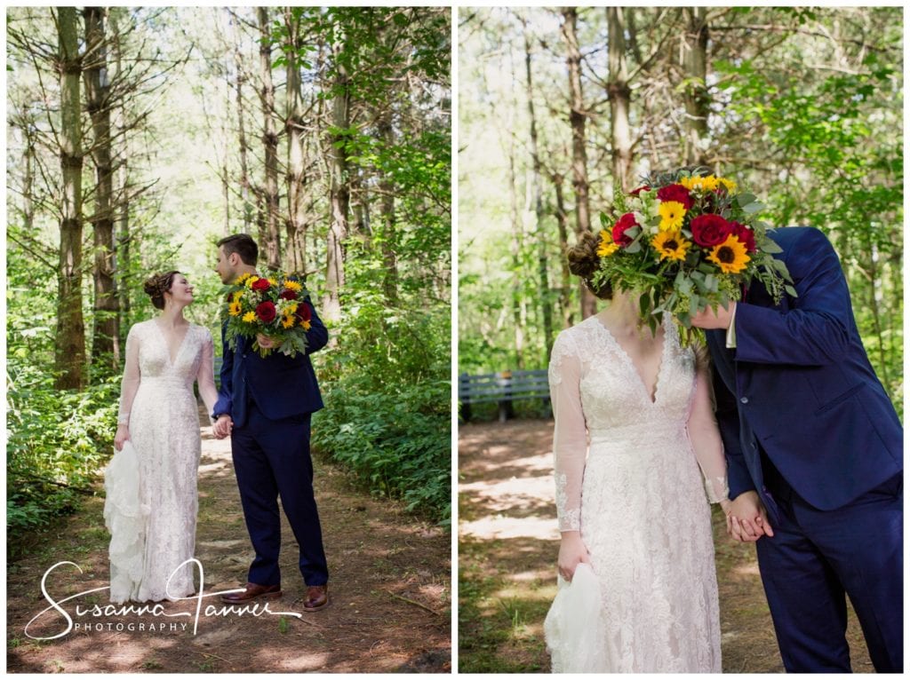 Cope Environmental Wedding Photography, First look, groom holding bouquet in front of their faces while they kiss.