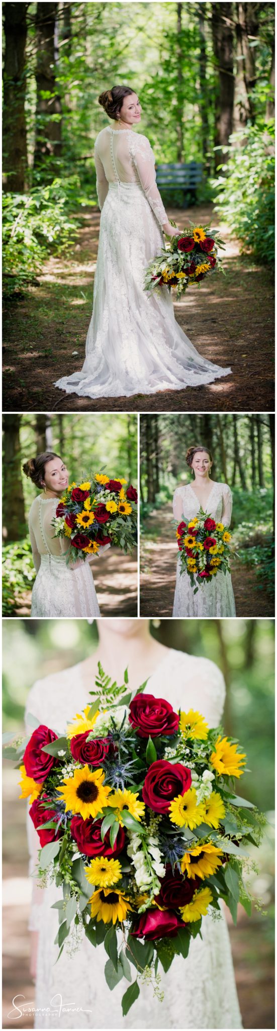 Cope Environmental Wedding Photography, Richmond Indiana, bridal portraits with bouquet of red roses and sunflowers