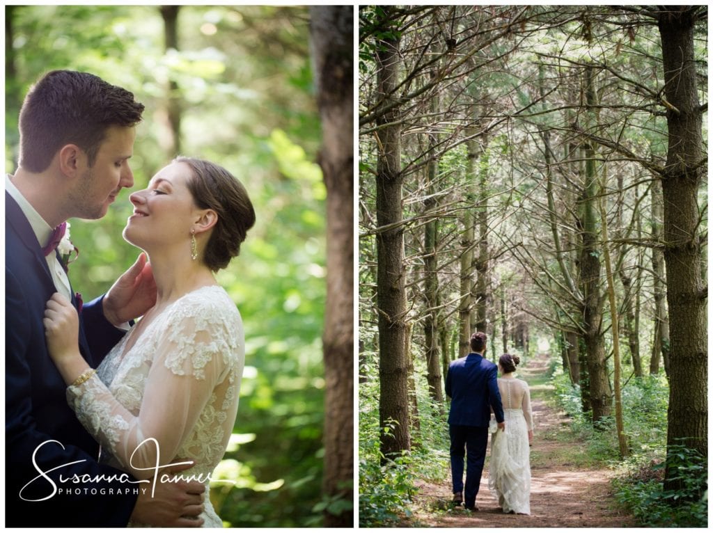 Cope Environmental Wedding Photography, couple kissing and walking on a wooded path