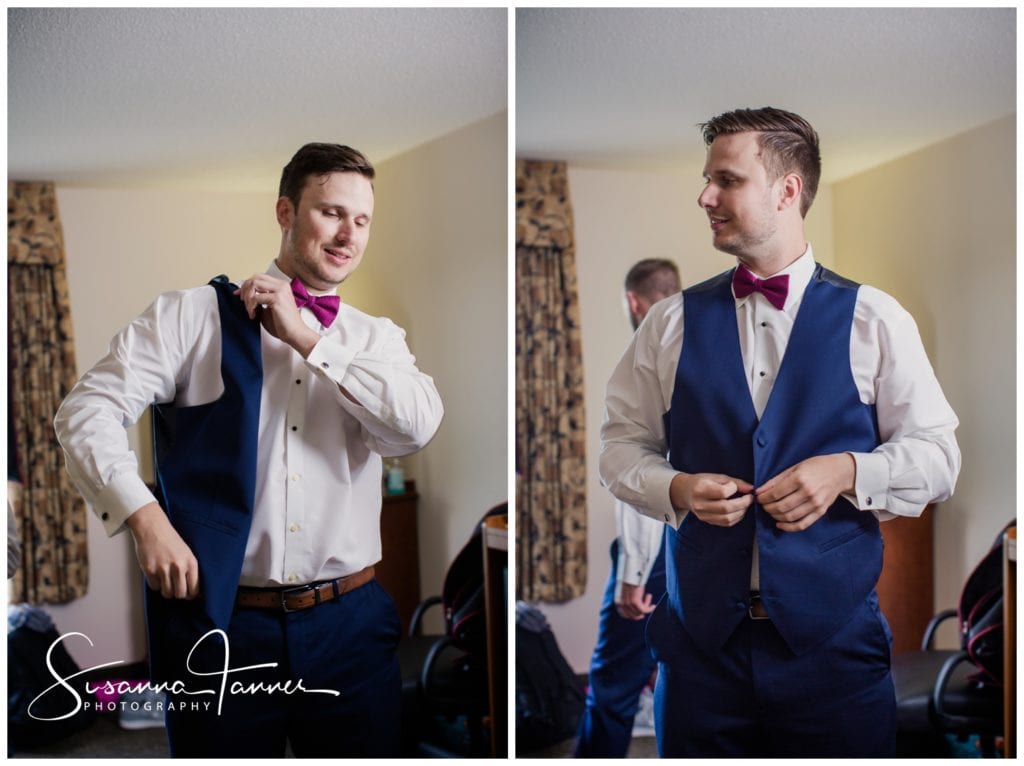Cope Environmental Wedding Photography, Richmond Indiana, groom putting on his vest