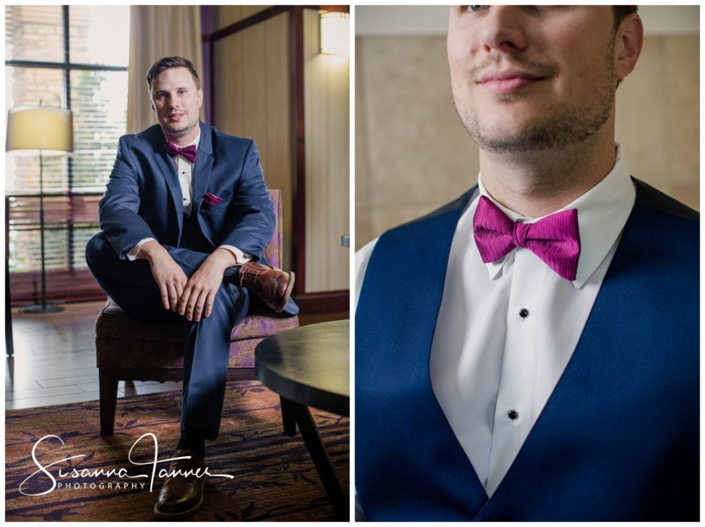 Cope Environmental Wedding Photography, Richmond Indiana, portrait of groom, close up of bow tie