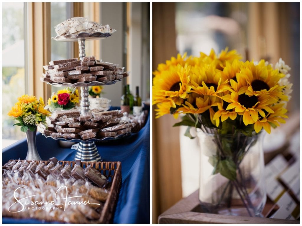 tiered plates with Little Debbie snacks and yellow sunflowers