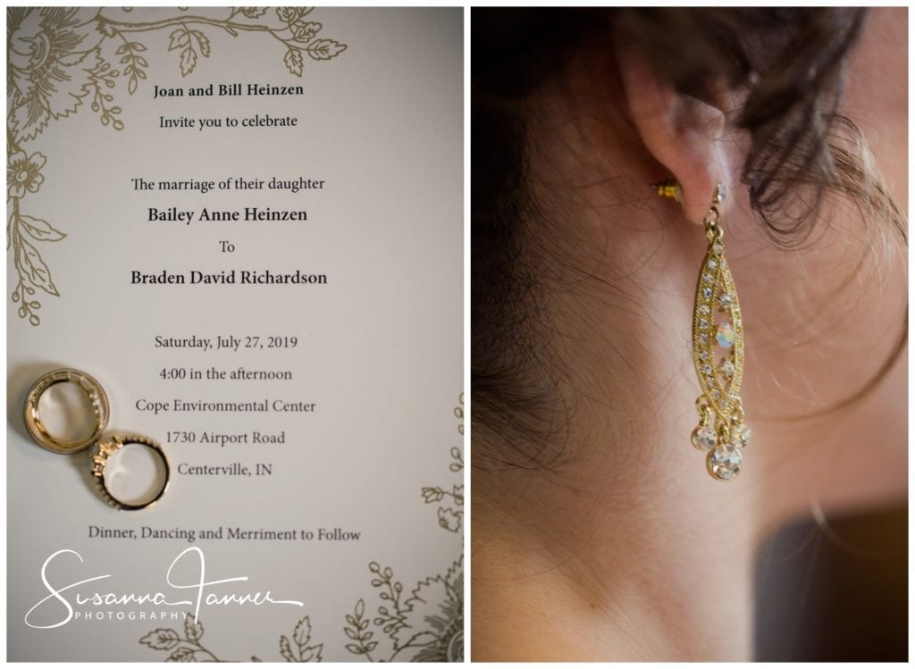 Cope Environmental Wedding Photography, Richmond Indiana, wedding invitation and bridal earring