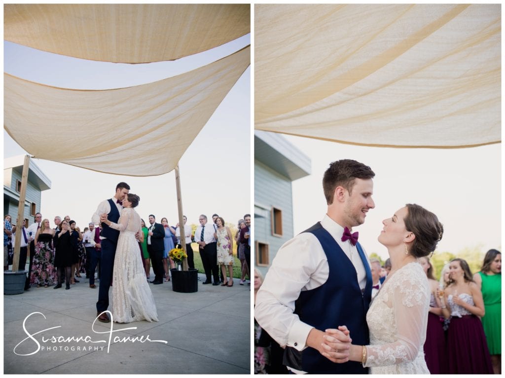 Wedding Photography, bride and groom first dance outdoors on the patio