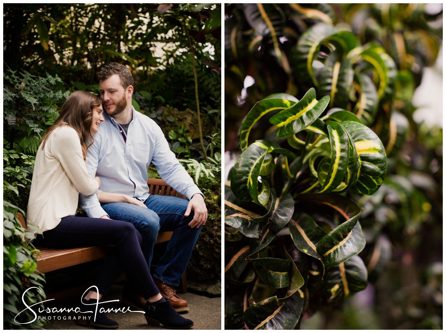 Cincinnati Krohn Conservatory Engagement Photography, woman leaning her head on man's arm while he looks at her