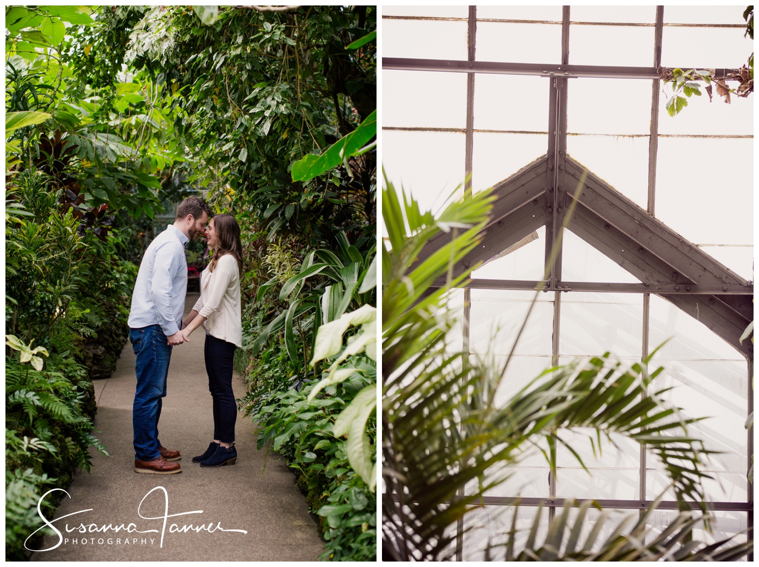 Cincinnati Krohn Conservatory Engagement Photography, photo on left, couple face each other, hold hands and stand forehead to forehead. Photo on right shows architectural elements of greenhouse