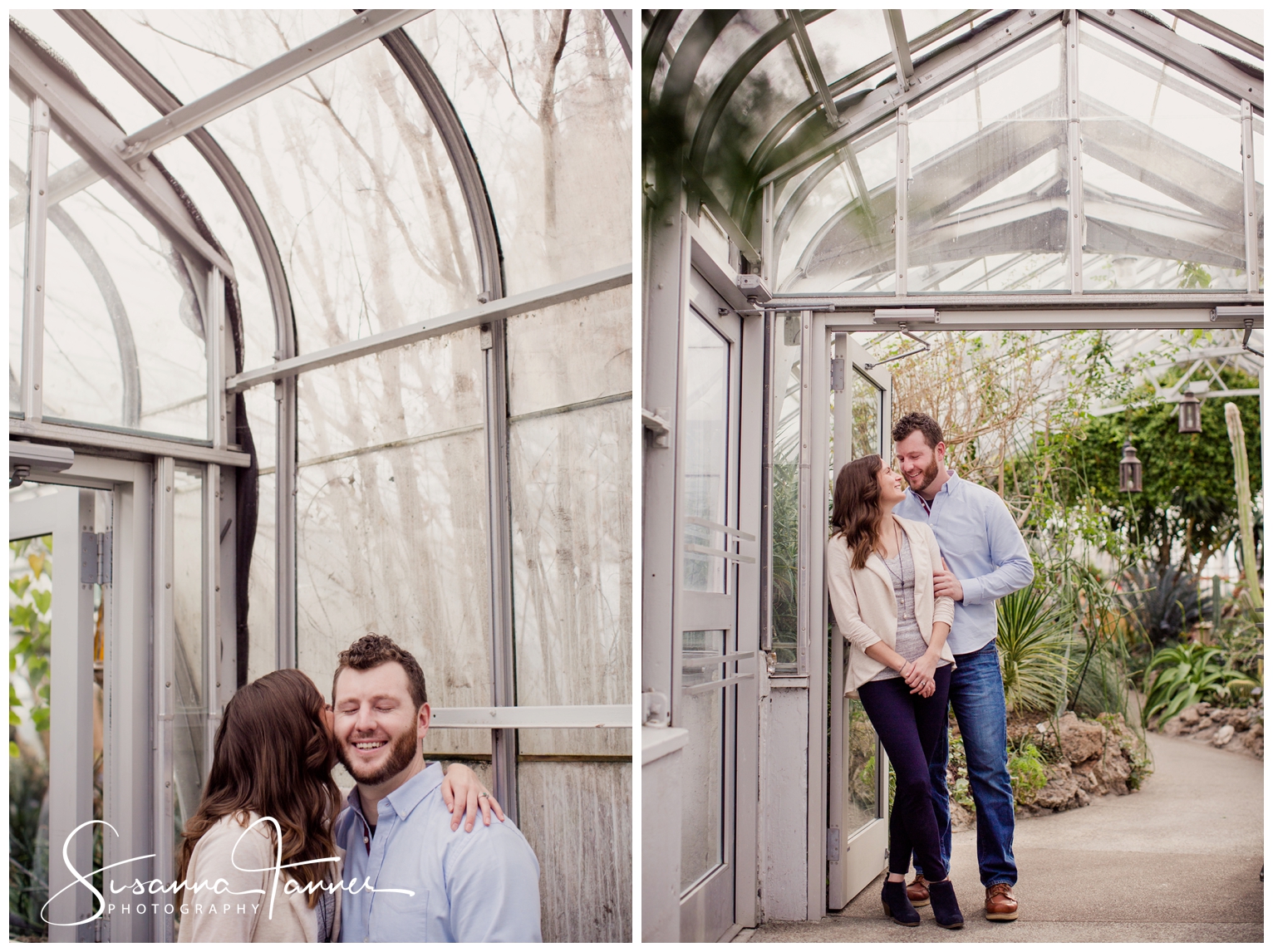 Cincinnati Krohn Conservatory Engagement Photography, couple share in closeness in doorway of greenhouse room
