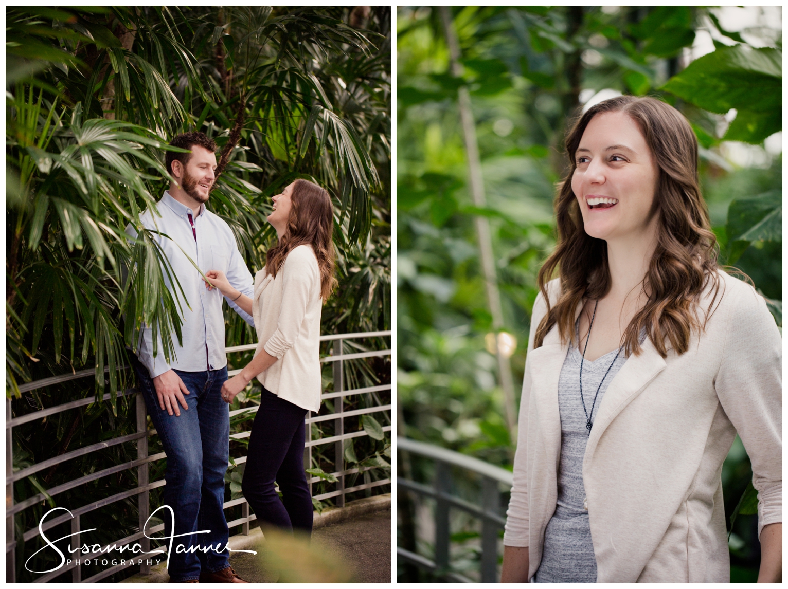 Cincinnati Krohn Conservatory Engagement Photography, portrait of engaged woman, another shot of couple sharing in a laugh surrounded by plants while leaning on railing