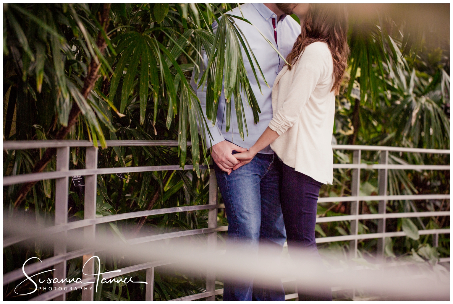 Cincinnati Krohn Conservatory Engagement Photography, close up peering through railing of couple holding hands