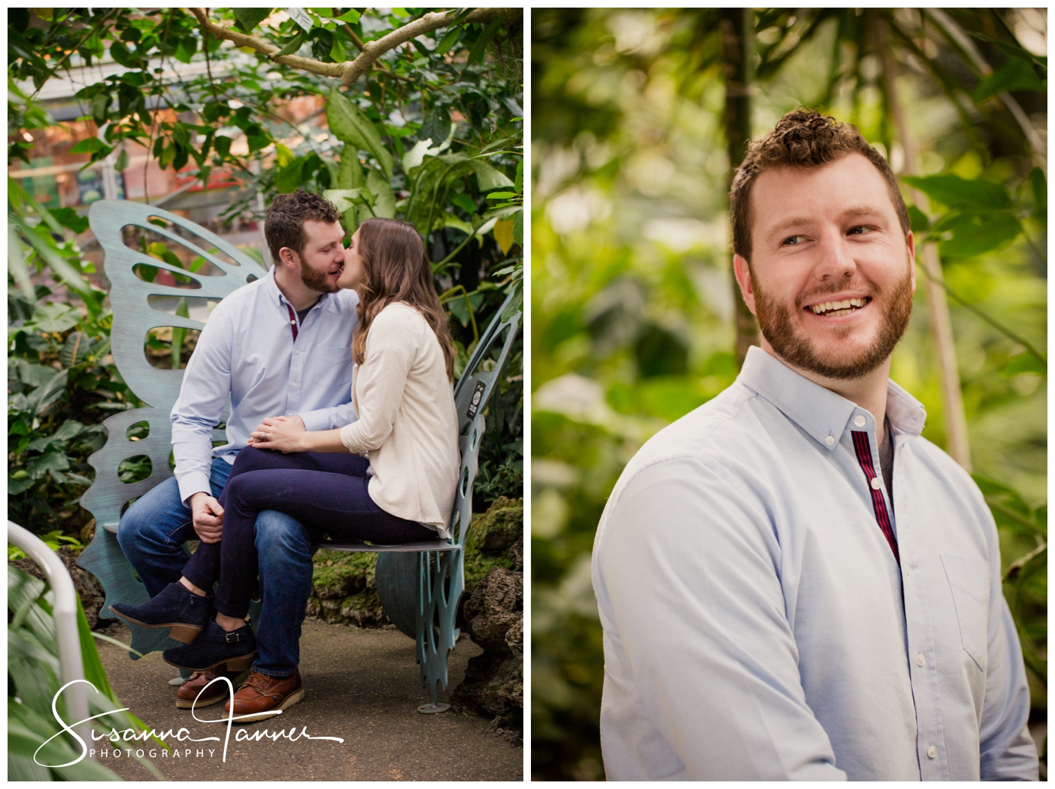 Cincinnati Krohn Conservatory Engagement Photography, portrait of engaged man, couple sitting on bench woman has her legs over the top of the mans