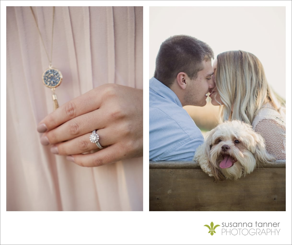 Vintage Chic Orchard Engagement Photography, diamond ring and dog