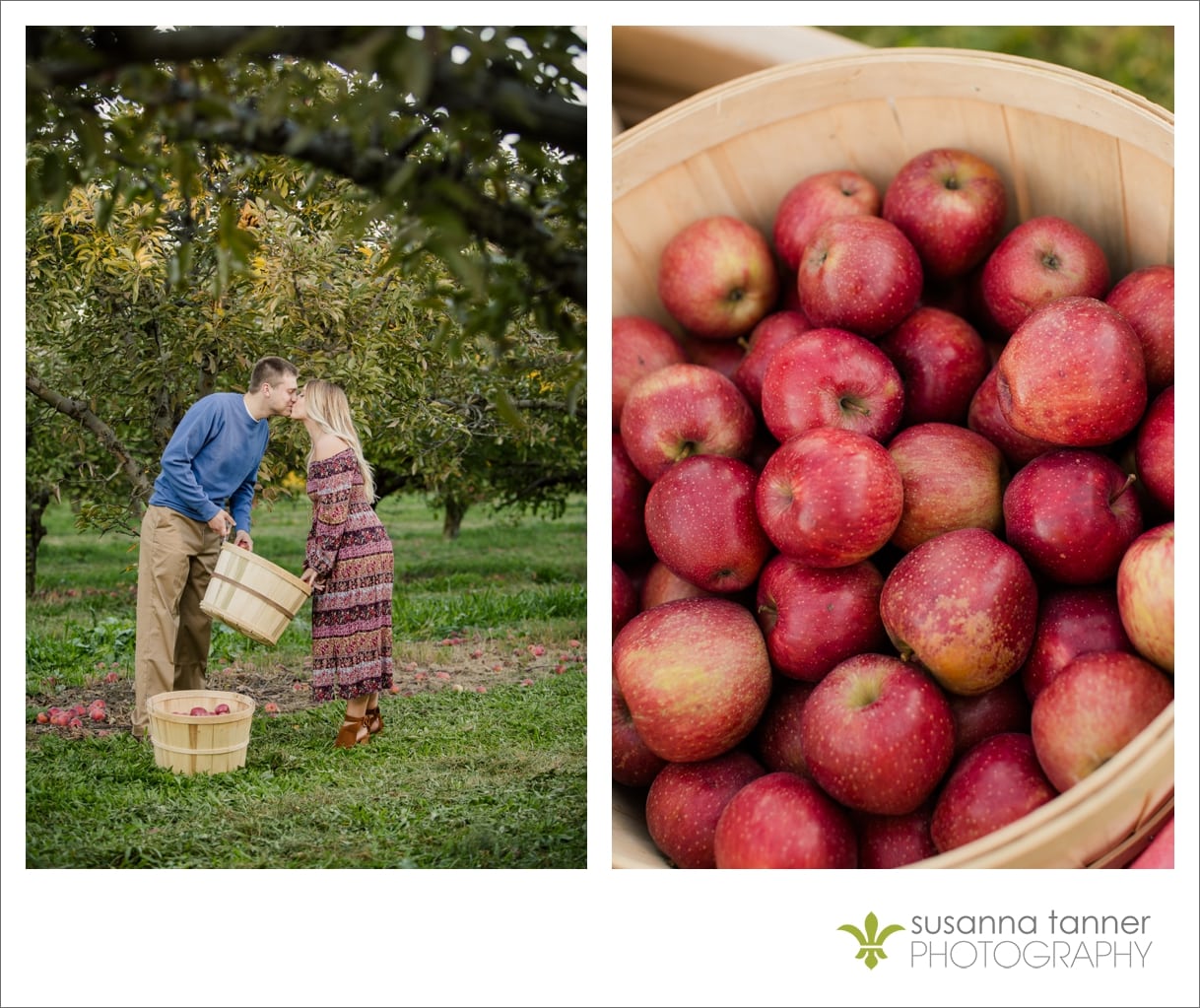 Vintage Chic Orchard Engagement Photography, apples in basket, man and woman kissing